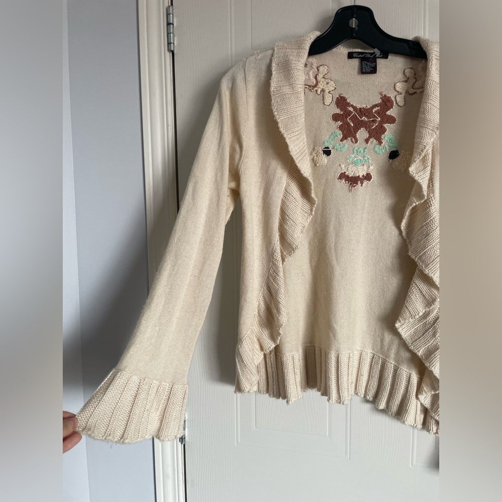 Cream Silk Cashmere Cardigan Embroidered Size L Romantic Classic Style - Picture 3 of 11